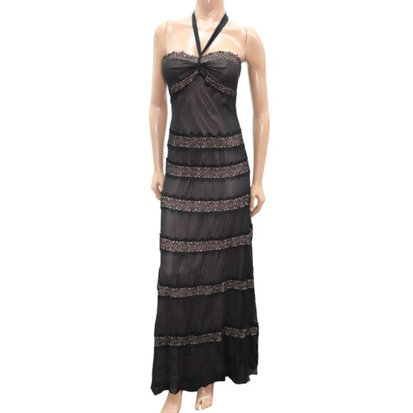 BCBGMaxAzria Black Silk & Lace Tiered Maxi Dress Gown w/ Nude Size 8 - Picture 4 of 10